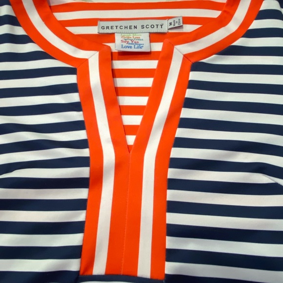 Gretchen Scott split neck navy blue & white striped Everywhere dress size Medium - Picture 6 of 10